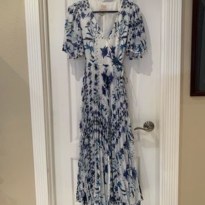 Blue floral maxi pleated wrap dress flutter sleeve